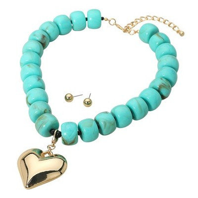 Turquoise Beaded Necklace Set Gold Heart Pendant Stud Earrings Statement Jewelry | eBay US