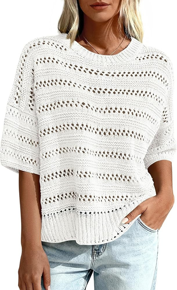 KIRUNDO Short Sleeve Sweater for Women Summer Crochet Tops Hollow Out Knit Pullover Beach Cover U... | Amazon (US)