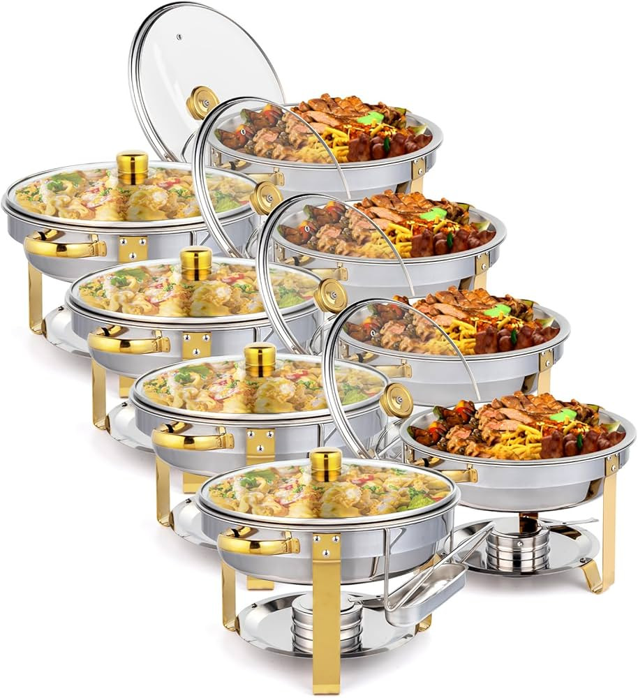ROVSUN 5QT 8 Pack Chafing Dish Set Gold Accent, Round NSF Stainless Steel Buffet Warmer Chafers w... | Amazon (US)