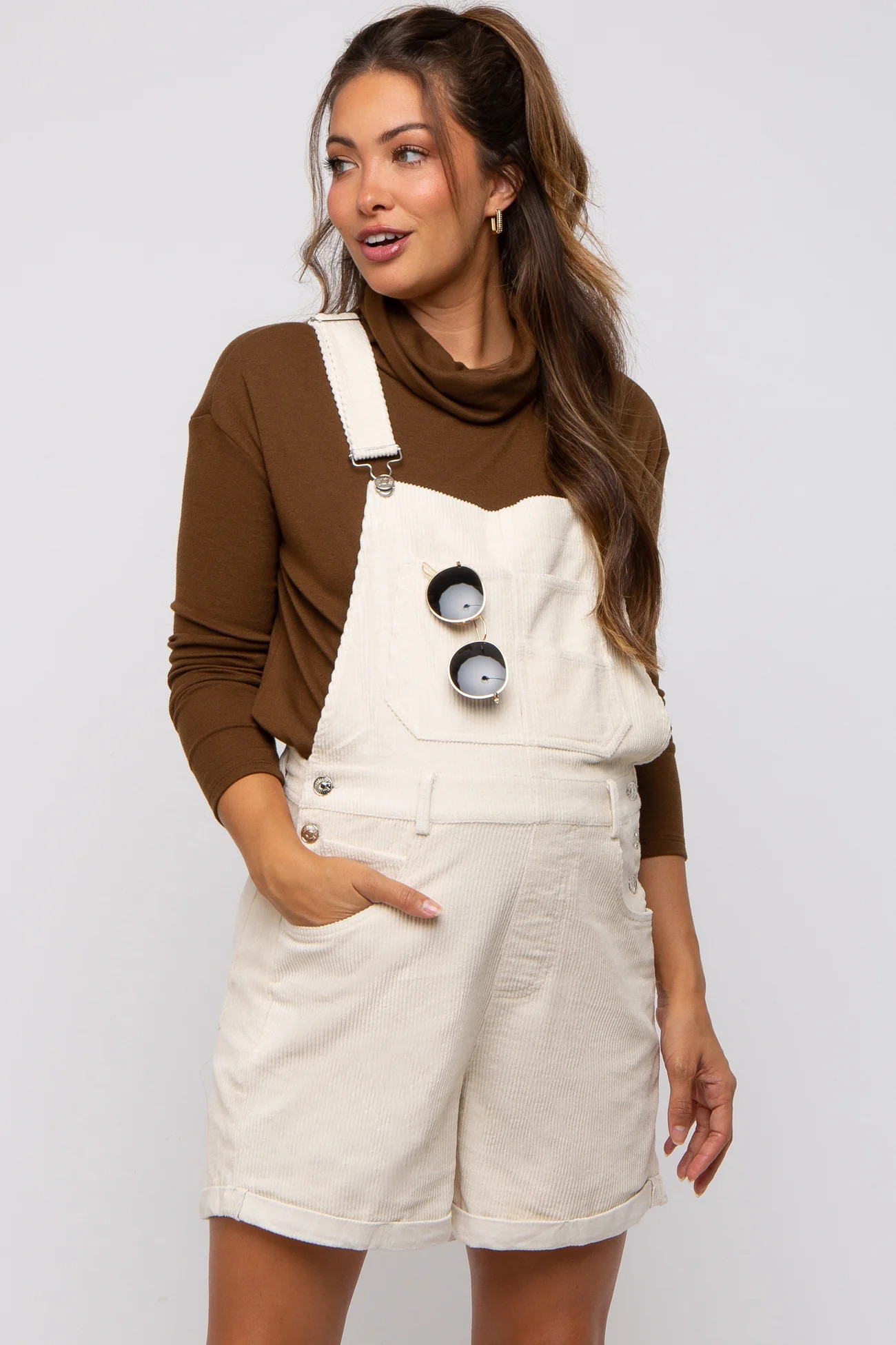 Cream Corduroy Maternity Short Overalls | PinkBlush Maternity