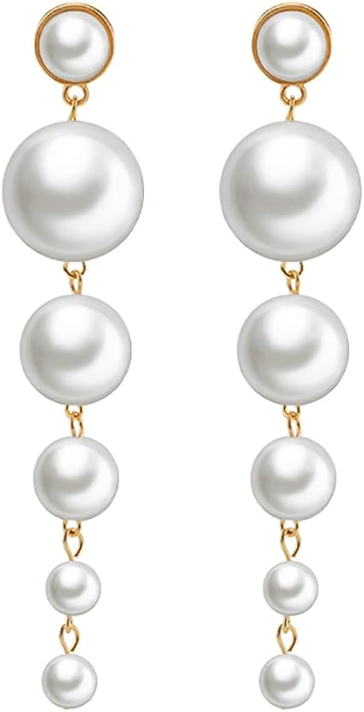 Dainty Boho Pearl Tassel Earrings - Wedding Pearl Chain Earrings for Women | Amazon (US)