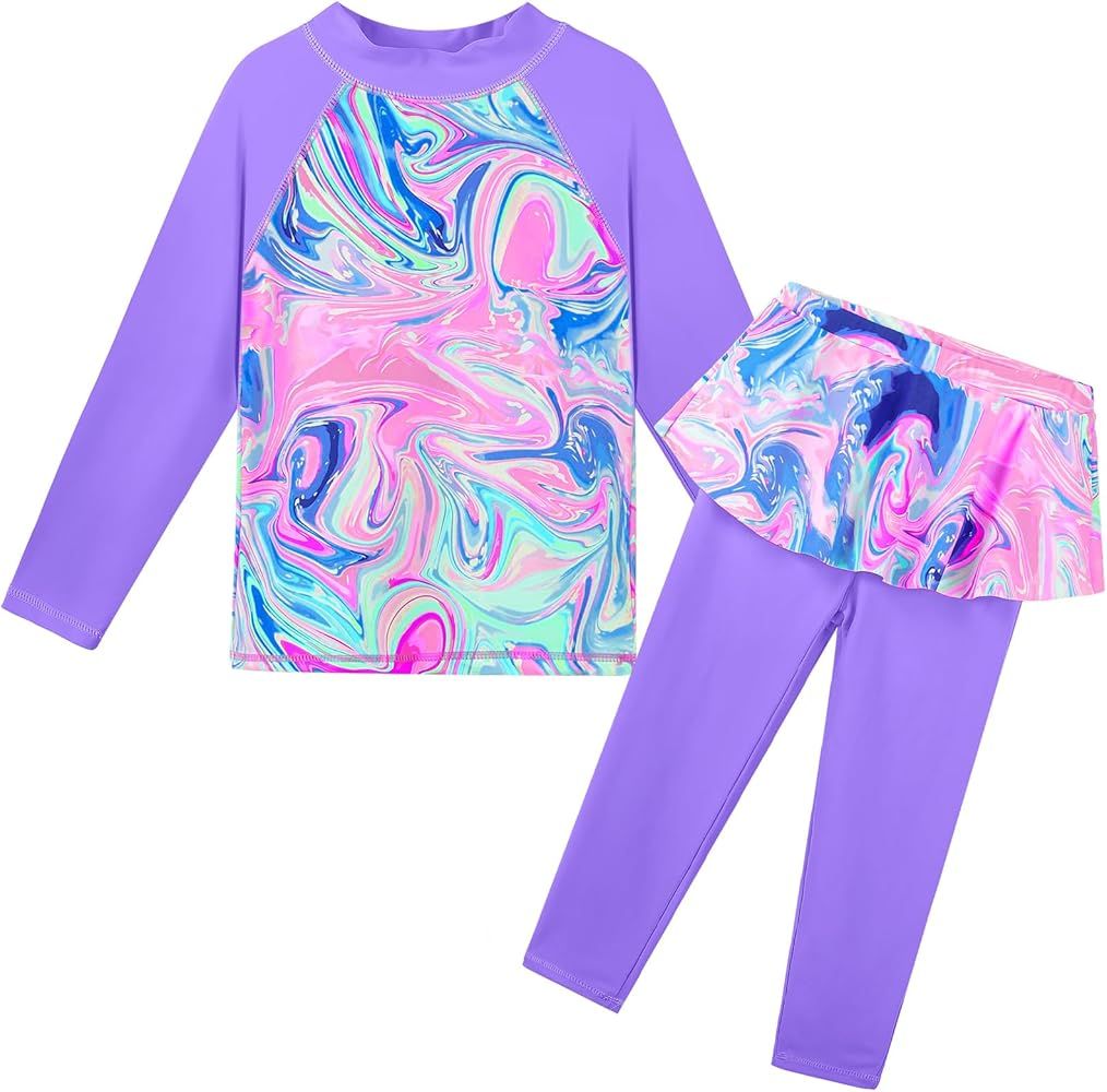 TFJH E Girls Long Sleeve Swimsuits Skirt 2-Pieces Rash Guard Set Sun Protection UV 50+ | Amazon (US)