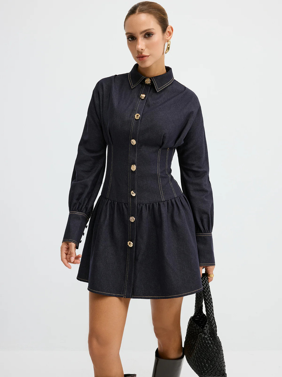 Denim Metal Button Shirt Dress | Commense