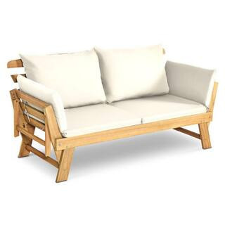 Adjustable Acacia Wood Beach Chair Patio Convertible Sofa with White Cushions | The Home Depot