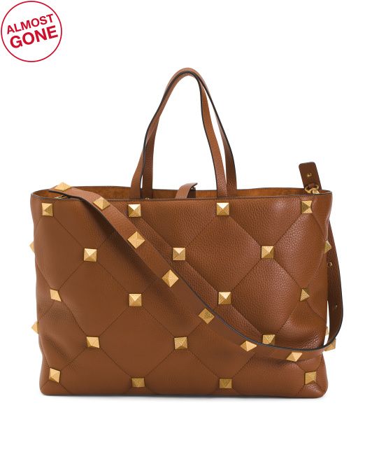 Made In Italy Grainy Calfskin Leather Large Roman Stud The Tote | TJ Maxx
