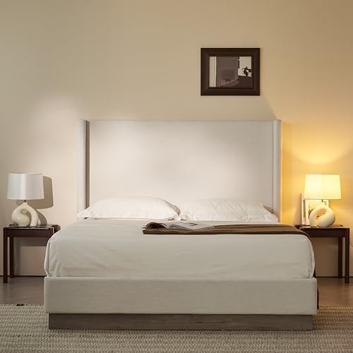 King Textured Canvas Bed Frame with 52.5" Tall Headboard - Ivory Hosford Wingback Upholstered Pla... | Amazon (US)