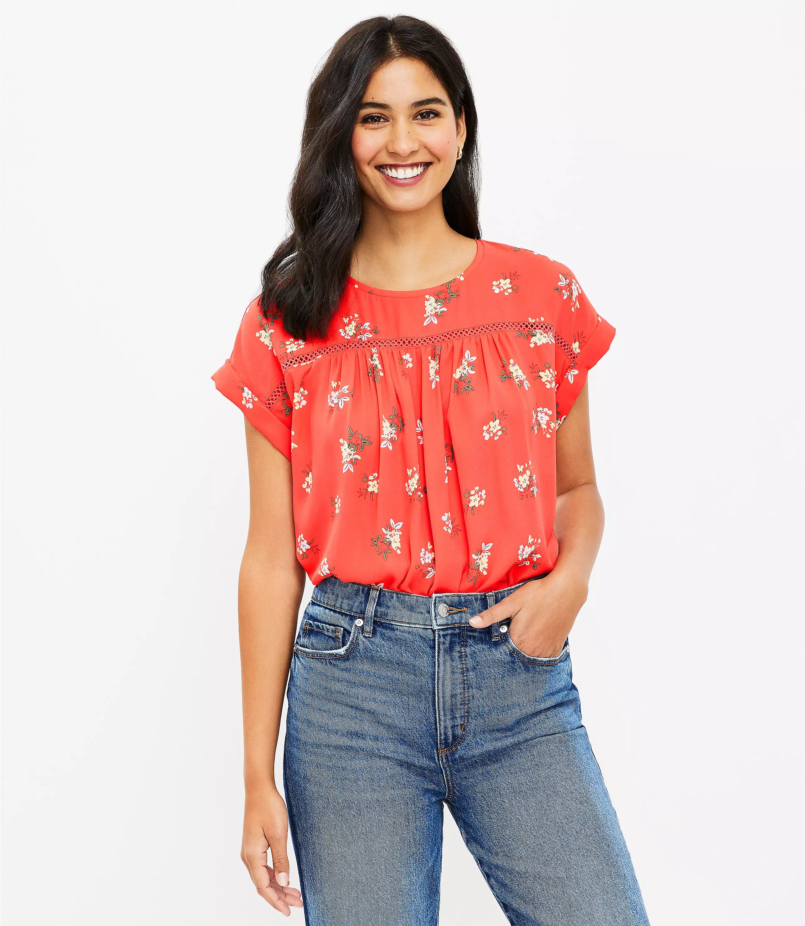 Floral Pleated Mixed Media Top | LOFT