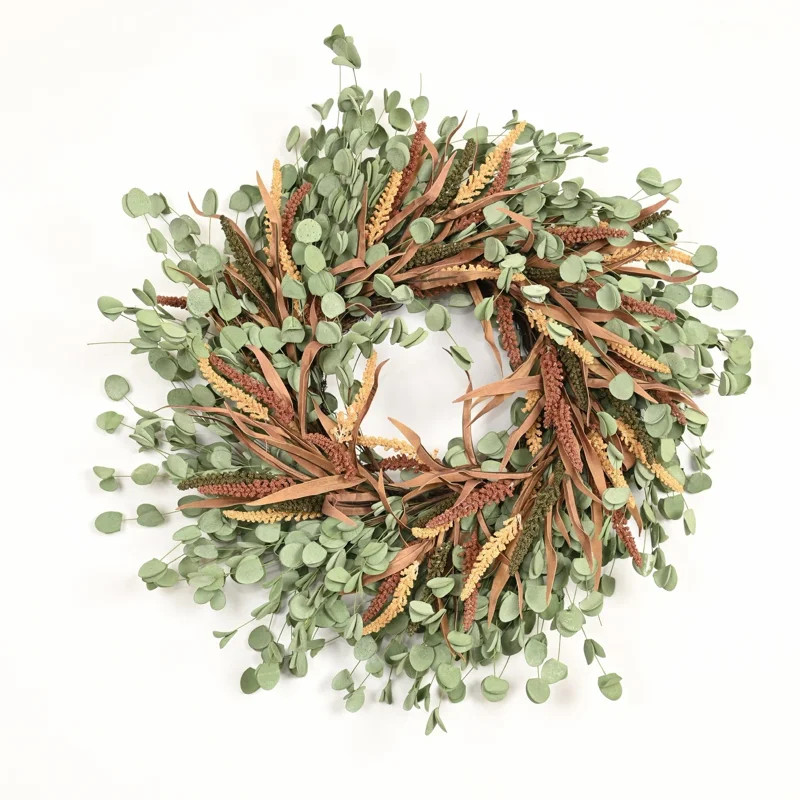 24" Artificial Rustic Autumn Harvest Dried Grass Greenery Eucalyptus Wheat Berry Fall Front Door ... | Wayfair North America