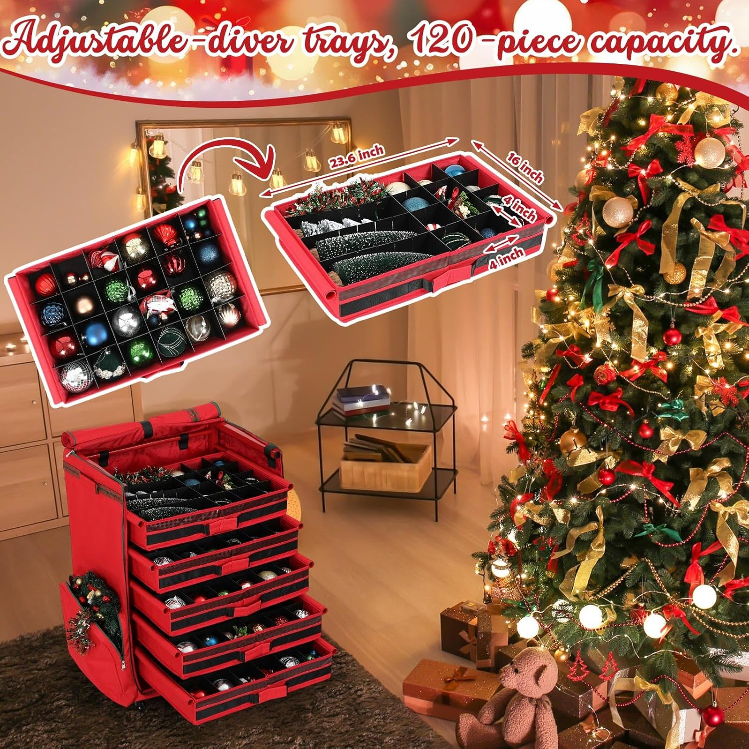 Rolling Christmas Ornament Storage Box - 120Pc Steel-Frame Decor Organizer Chest with Adjustable ... | Amazon (US)