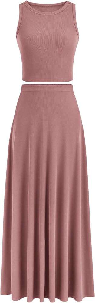 PRETTYGARDEN Womens 2 Piece Casual Summer Knit Cropped Tank Top High Waisted Long Skirt Outfits | Amazon (US)