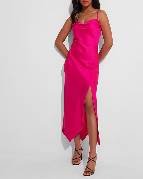 Satin Cowl Neck Asymmetrical Hem Maxi Slip Dress | Express