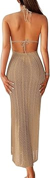 Verdusa Women's Halter Neck Tied Backless Crochet Knitted Bikini Cover Up Dress | Amazon (US)