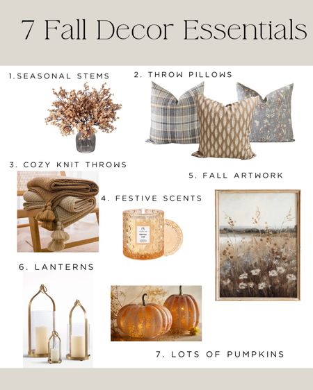 Here are my 7 Fall decor essentials for making your home feel warm, cozy, and festive this season! Seasonal stems, throw pillows, knit throw blankets, fall artwork, festive scents, lanterns, decorative pumpkins  

#LTKhome #LTKHoliday #LTKSeasonal