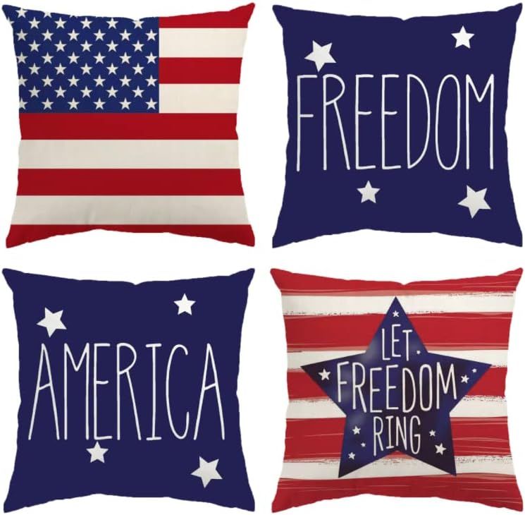 Gigoitly 4th of July Decorations Pillow Covers 18x18 Inch Set of 4 Independence Memorial Day Amer... | Amazon (US)