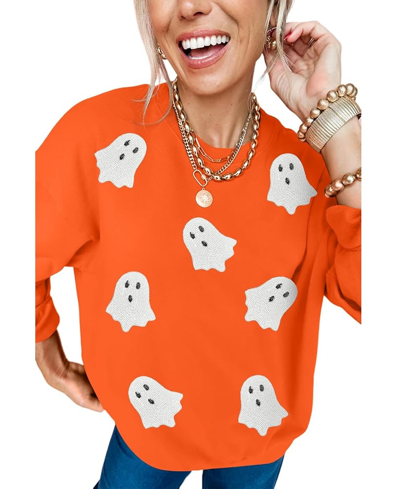 Halloween Sweatshirts For Women Sequin Pumpkin Tops Orange Long Sleeve Shirts Crew Neck Casual Pu... | Amazon (US)