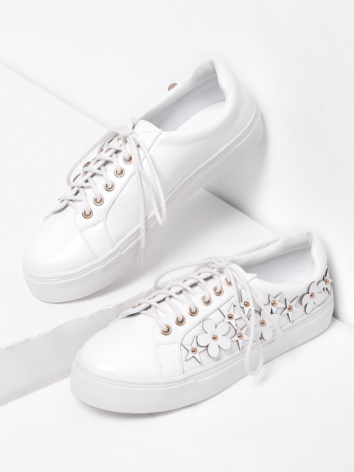 Flower Embellished Lace Up Faux Leather Sneakers | SHEIN