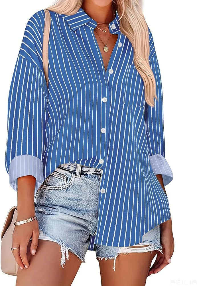 HOTOUCH Women Oversized Button Down Shirts Office Drop Shoulder Blouse Long Sleeve Boyfriend Dres... | Amazon (US)