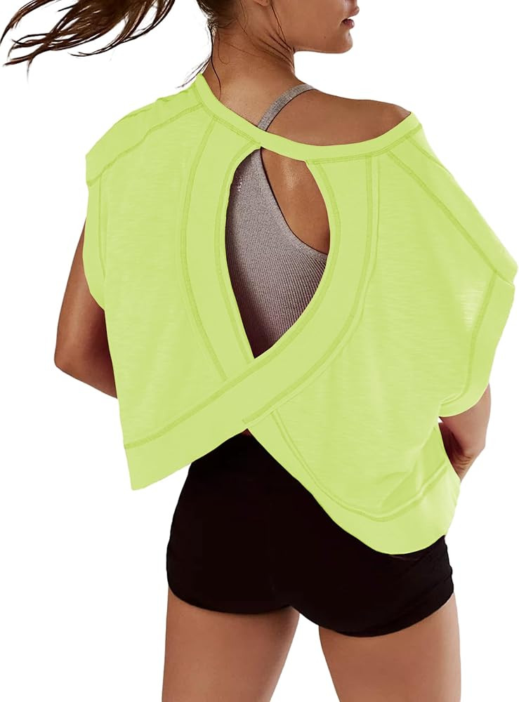 Kumufenc Women Short Sleeve Workout Shirts Open Back Tops Casual Yoga Y2k Athletic Gym Slouchy Cr... | Amazon (US)