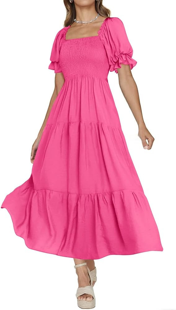 PRETTYGARDEN Women's Boho Floral Print Summer Dresses Square Neck Puff Sleeve A Line Long Dress S... | Amazon (US)