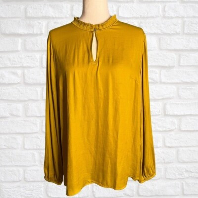 NWT Loft Mustard Yellow Long Sleeve Blouse Keyhole Ruffle Neck Size Large Top | eBay US