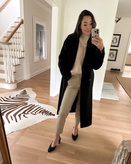 Kat Jamieson wears a classic black coat, cash blend sweater and leather pants. Chanel slingbacks, winter outfit, workwear. 

#LTKHoliday #LTKSeasonal #LTKworkwear