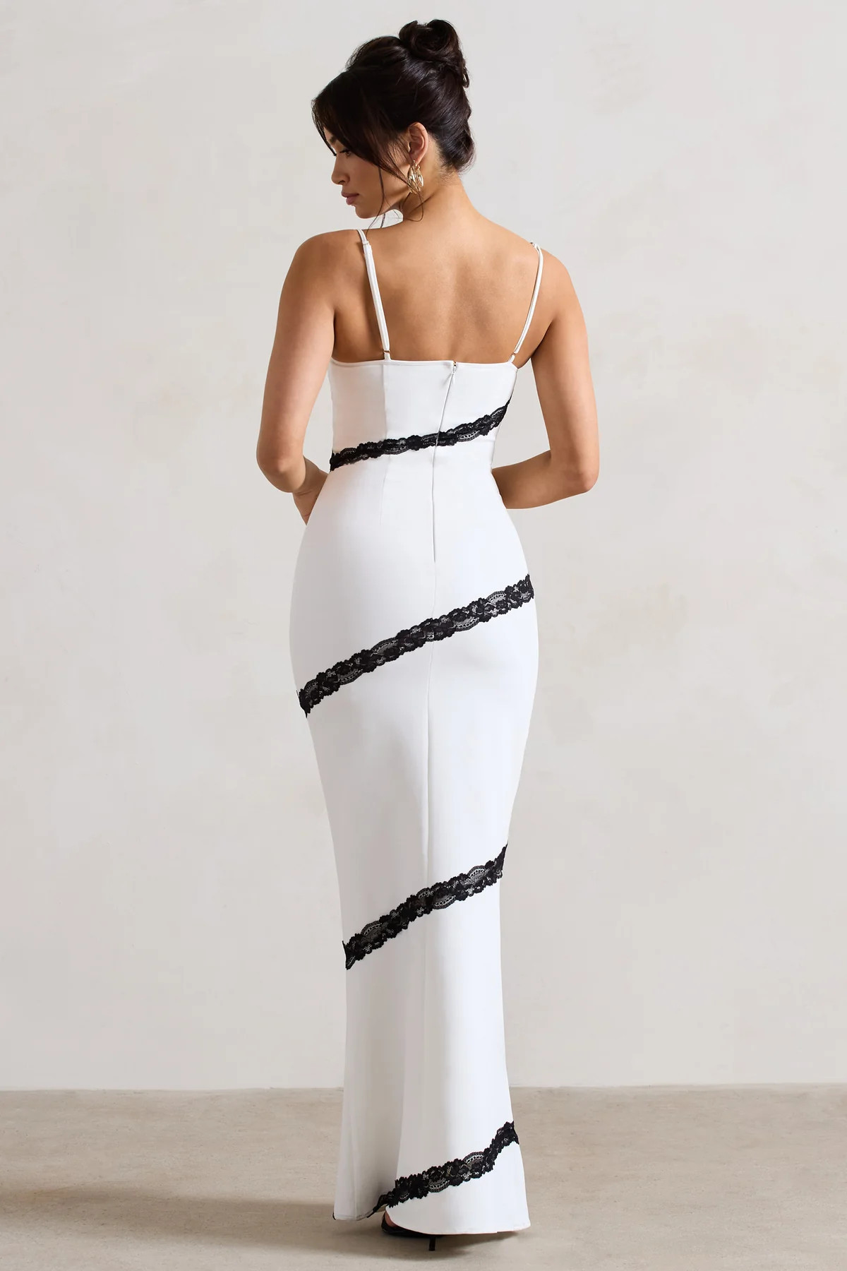 Elizabeth | White & Black Strappy Lace-Trimmed Maxi Dress | Club L London