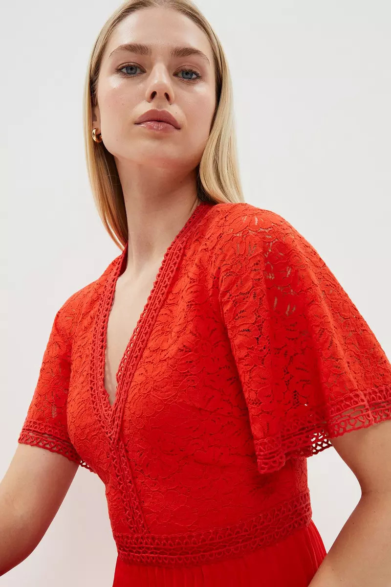 Lace Bodice Angel Sleeve Pleat Skirt Midi Dress | Debenhams UK