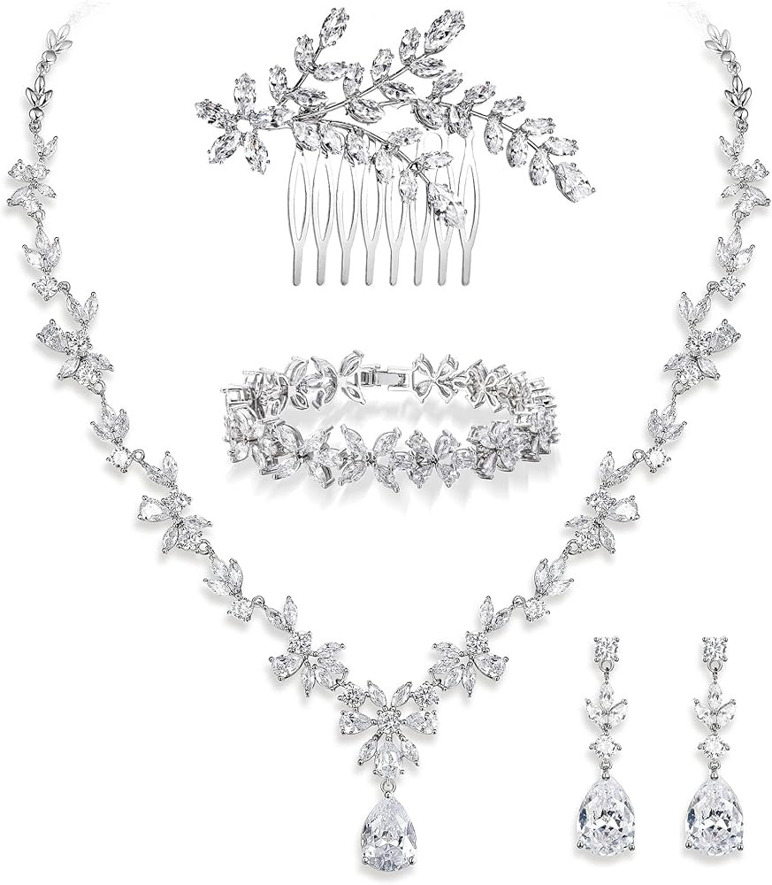 Crysdue Wedding Jewelry Set for Women, Floral Necklace Dangle Earrings Bracelet Hair Comb Adjusta... | Amazon (US)