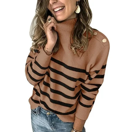 Lumento Women Knitted Sweaters Cozy Turtleneck Pullover Loose Striped Jumper Tops Brown M | Walmart (US)