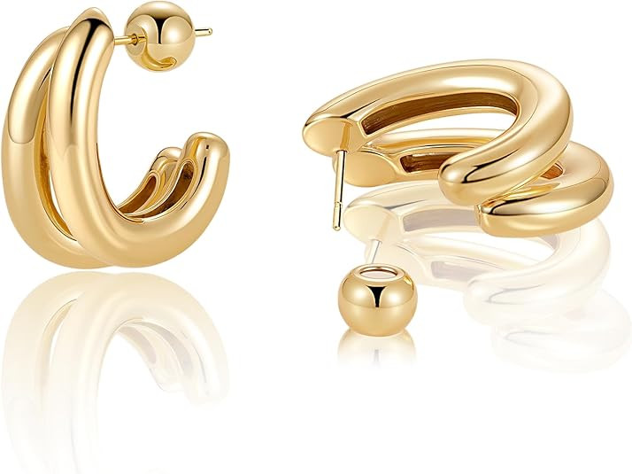 Gold Hoop Earrings for Women - Chunky Earrings 14K Gold Plated Earrings Trendy Hoops Small Thick ... | Amazon (US)