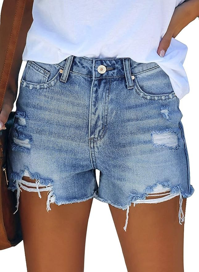 MINGALONDON Women's Denim Shorts Summer Mid Waist Ripped Raw Cut Hem Distressed Stretchy Jean Sho... | Amazon (US)