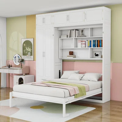 Queen Size Wooden Murphy Bed with Integrated Storage Shelves, Drawers and Overhead Cabinets | Wayfair North America