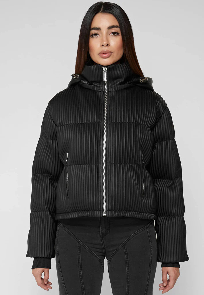 Ribbed Vegan Leather Puffer Jacket -  Black | Maniere De Voir