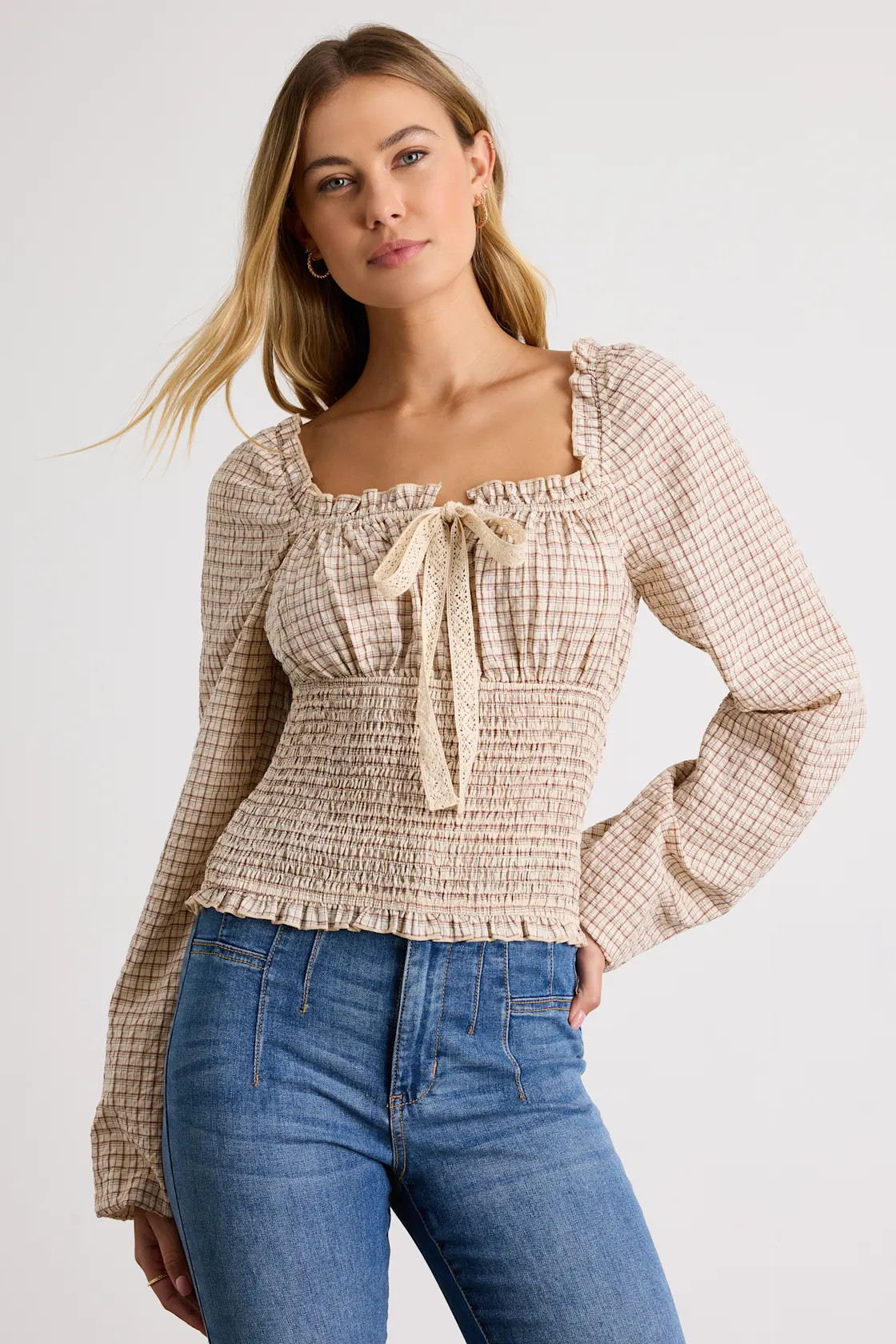 Kolyma Cream and Brown Plaid Smocked Balloon Sleeve Top | Lulus