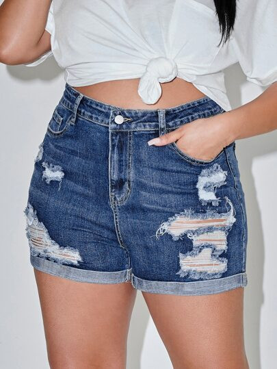 Plus Ripped Detail Rolled Hem Denim Shorts | SHEIN