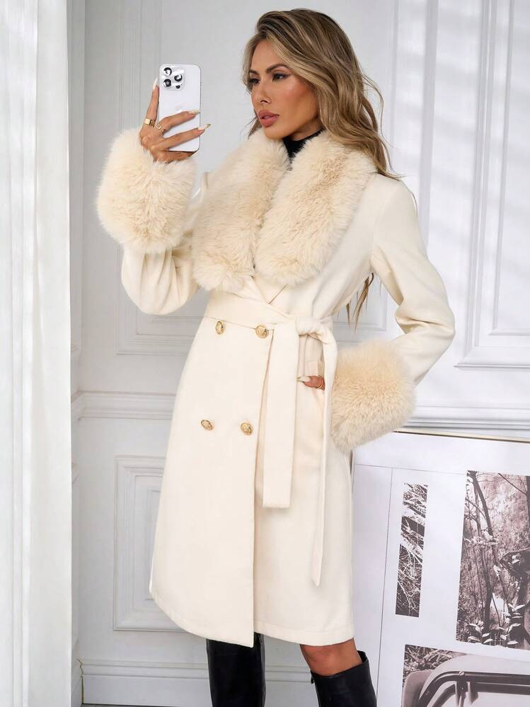 Ivory fur trimmed coat  | SHEIN