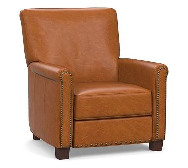 Irving Roll Arm Leather Power Recliner with Bronze Nailheads, Polyester Wrapped Cushions, Vintage Caramel | Pottery Barn (US)