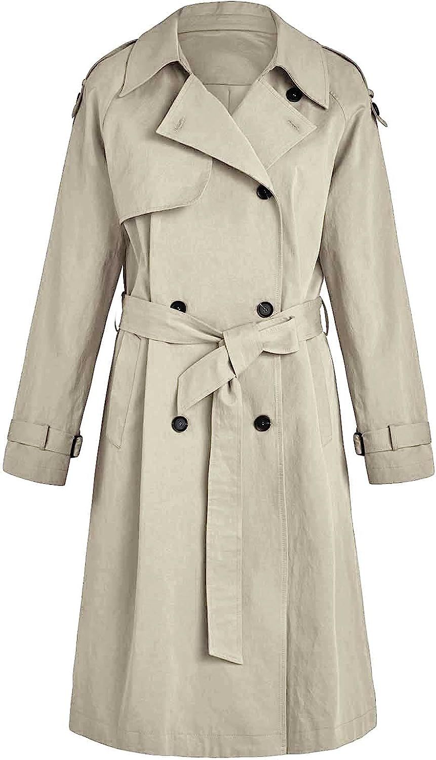 Makkrom Women's Double Breasted Long Trench Coat Windproof Classic Lapel Slim Overcoat with Belt | Amazon (US)