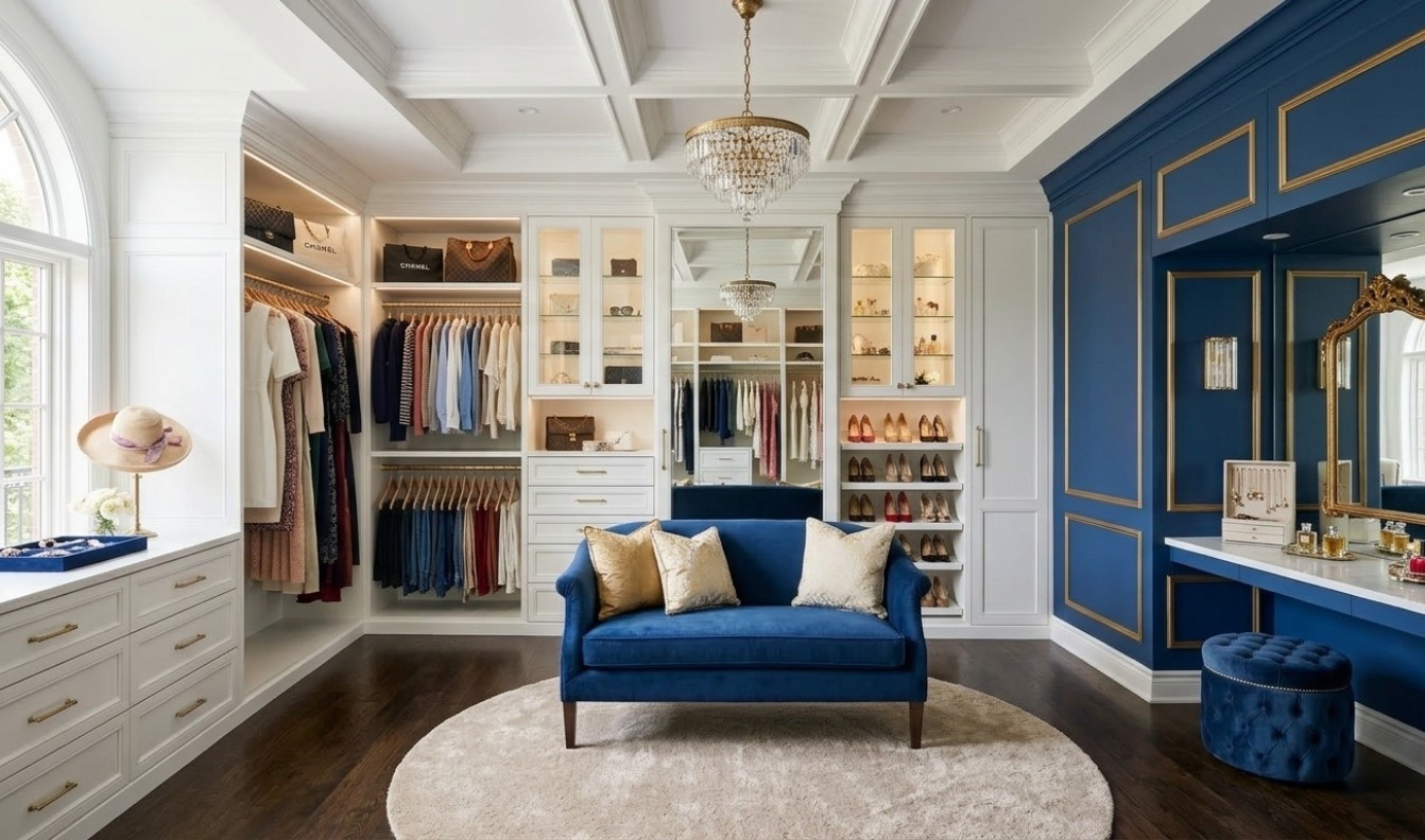 Your wardrobe should feel less like storage and more like a curated gallery. 🏛️ We are currently captivated by this high-contrast Navy and Gold vanity setup. The deep blue millwork anchored by gold-leaf detailing creates a sanctuary for the morning "get ready" ritual. From the velvet settee to the back-lit shoe displays, every inch is designed to inspire. Pro tip: A plush, round rug in the center of a walk-in closet instantly softens the architectural lines and adds a boutique hotel feel.

Luxury walk-in closet, navy and gold decor, vanity goals, home organization, regal interior design.

#LTKHome #LTKvlog #LTKdayinmylife