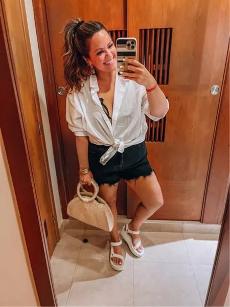 Vacation wear, vacation outfit Midsize resort wear White button down blouse xl (runs oversized) Free people bralette I am a 38dd wearing an xl Black jean cut off shorts (size inclusive) sized up to a 33 (size 16) Comfy walking sandals tts

#LTKcurves #LTKtravel #LTKunder50