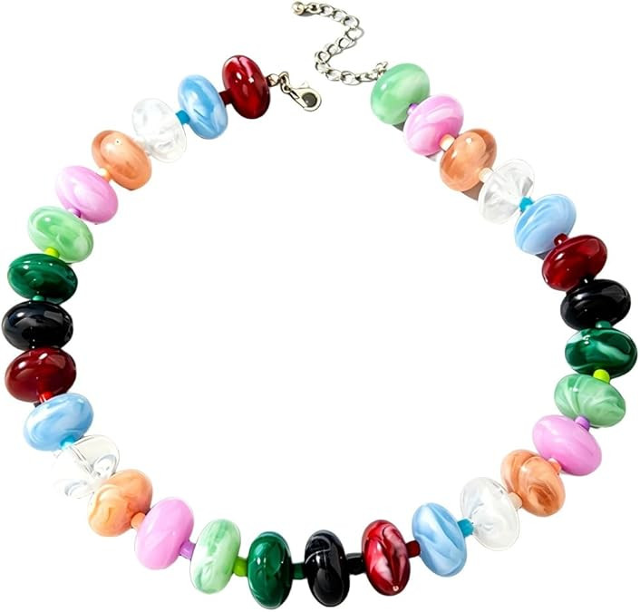 Fuqimanman2020 Resin Chunky Beaded Choker Necklace Boho Acrylic Flat Round Bead Necklace Summer B... | Amazon (US)