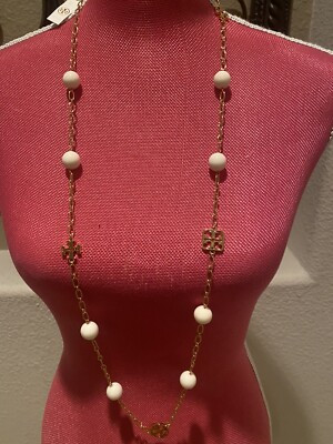 NWT Authentic Tory Burch Evie Logo Chain Rosary Gold Tone and Cream Necklace | eBay US