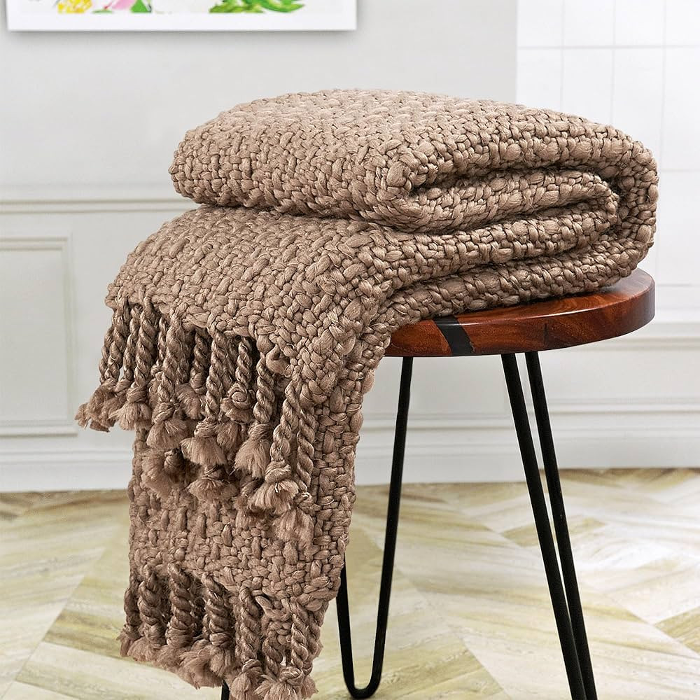 Chunky Knit Throw Blanket with Braided Tassels 50" x 60", Hand Knitted Soft Thick Yarn Basket Wea... | Amazon (US)