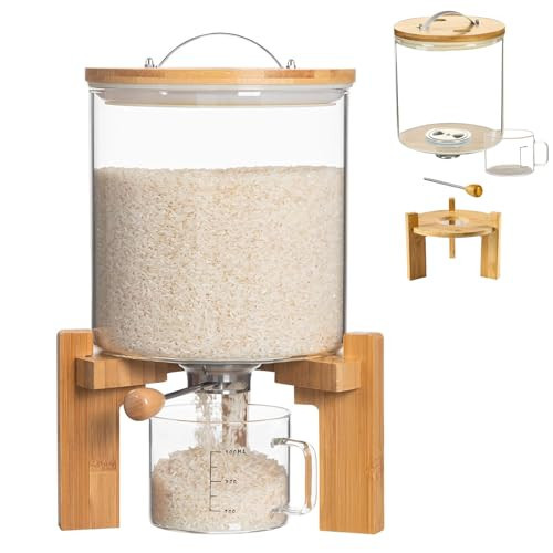 SCENEN Glass Rice Dispenser 5L, Cereal Dispenser Countertop, Grain Dispenser/Food Storge Container for Kitchen and Pantry Organization, Cereal Dispenser with Bamboo Holder | Amazon (US)