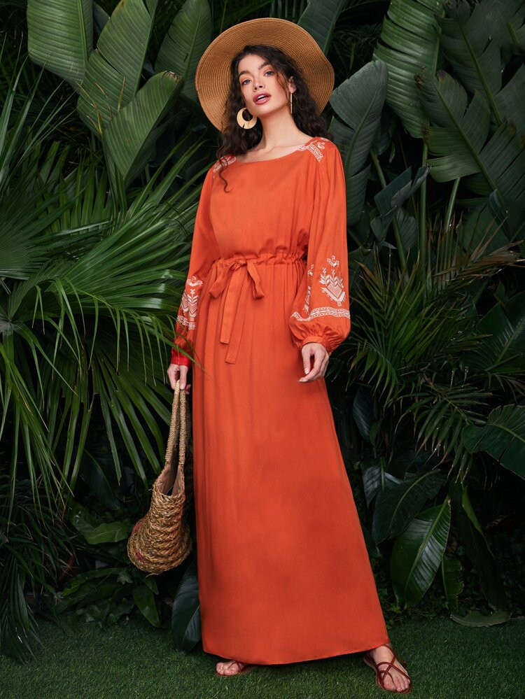 SHEIN Lantern Sleeve Embroidered Detail Drawstring Waist Dress | SHEIN