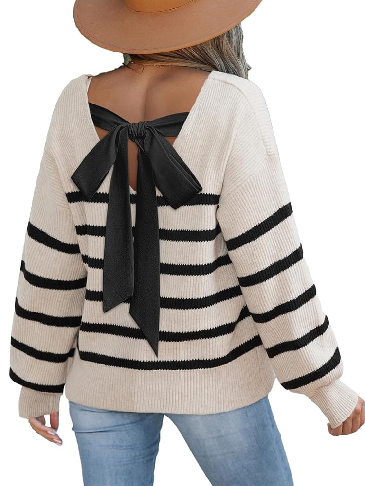 CUPSHE Womens Sweaters Bow Back Long Sleeve Sweater V Neck Lightweight Knit Pullover Sweater Tops | Amazon (US)