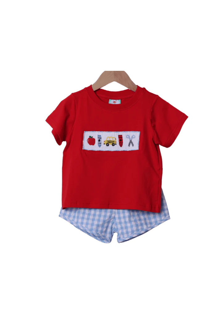 Smocked School Bus Red/Blue Gingham Seersucker Short Set | The Smocked Flamingo