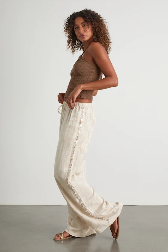 Cessa Brushed Beige Seashell Drawstring Wide-Leg Pants | Lulus