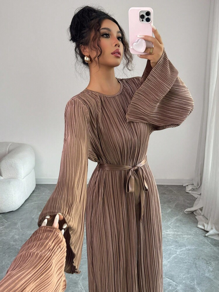 Elenzga Standard Size Women's Elegant Midi Dress With Flared Sleeves, Pleated Waist Tie Design Fa... | SHEIN