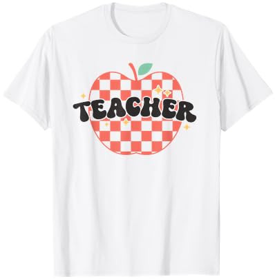 Checkered Pattern Apple School Teacher Teaching Pride Retro Men Women T-Shirt | Amazon (US)